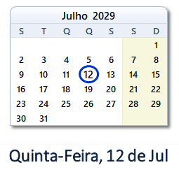 12 Julho 2029 calendario