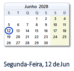 12 Junho 2028 calendario