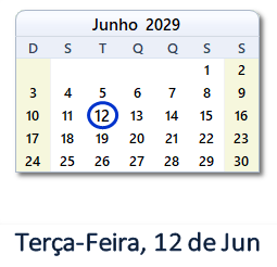 12 Junho 2029 calendario