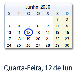 12 Junho 2030 calendario