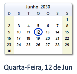 12 Junho 2030 calendario