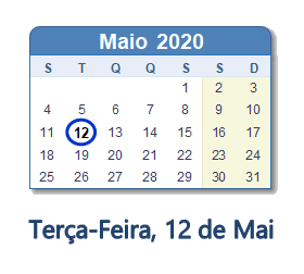 12 Maio 2020 calendario