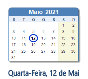 12 Maio 2021 calendario