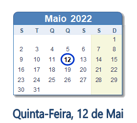 12 Maio 2022 calendario