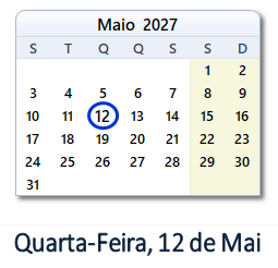 12 Maio 2027 calendario
