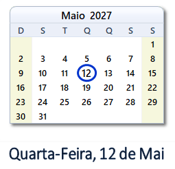 12 Maio 2027 calendario