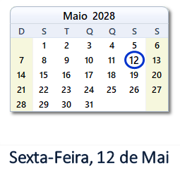 12 Maio 2028 calendario