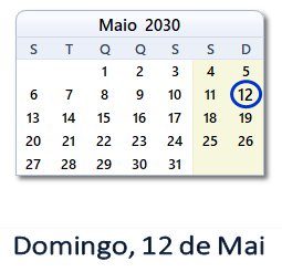 12 Maio 2030 calendario