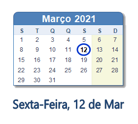 12 Março 2021 calendario