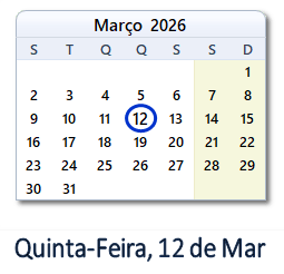 12 Março 2026 calendario