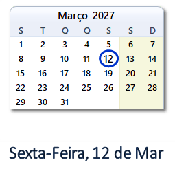 12 Março 2027 calendario
