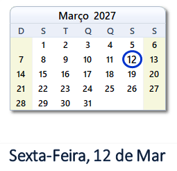 12 Março 2027 calendario