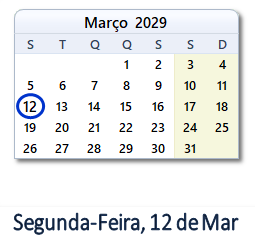 12 Março 2029 calendario