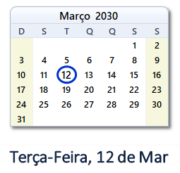 12 Março 2030 calendario