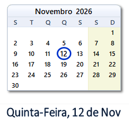 12 Novembro 2026 calendario