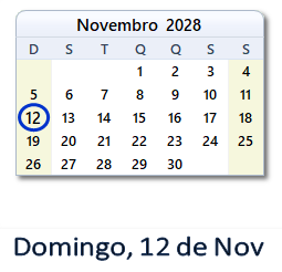 12 Novembro 2028 calendario