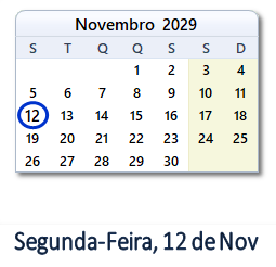12 Novembro 2029 calendario
