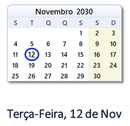 12 Novembro 2030 calendario