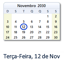 12 Novembro 2030 calendario