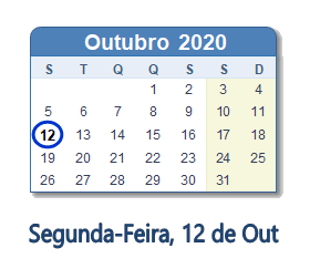 12 Outubro 2020 calendario