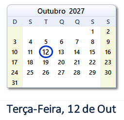 12 Outubro 2027 calendario