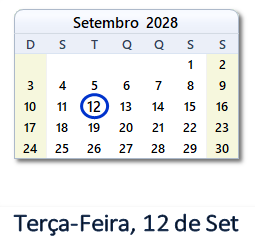 12 Setembro 2028 calendario