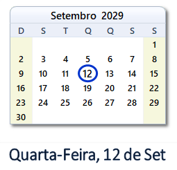 12 Setembro 2029 calendario