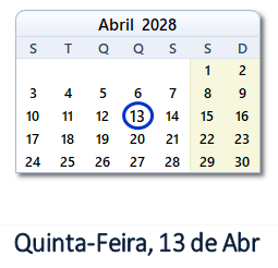 13 Abril 2028 calendario