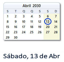 13 Abril 2030 calendario