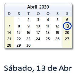 13 Abril 2030 calendario