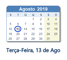 13 Agosto 2019 calendario