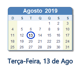 13 Agosto 2019 calendario