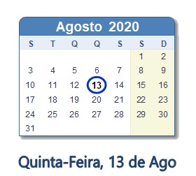 13 Agosto 2020 calendario