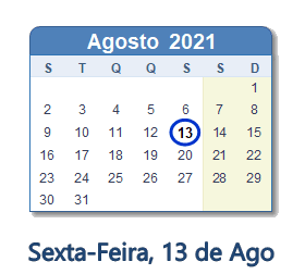 13 Agosto 2021 calendario