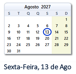 13 Agosto 2027 calendario