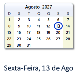 13 Agosto 2027 calendario