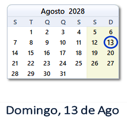 13 Agosto 2028 calendario