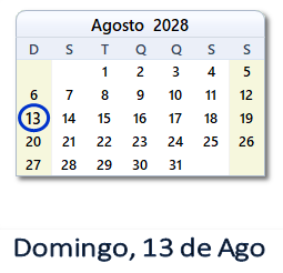 13 Agosto 2028 calendario