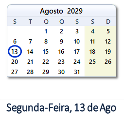 13 Agosto 2029 calendario