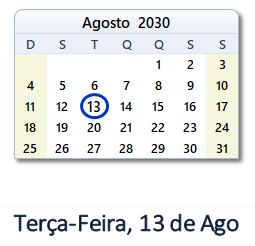 13 Agosto 2030 calendario
