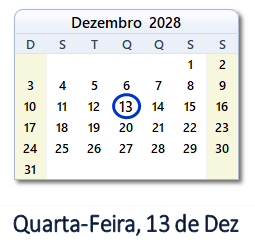 13 Dezembro 2028 calendario
