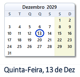 13 Dezembro 2029 calendario