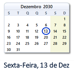 13 Dezembro 2030 calendario