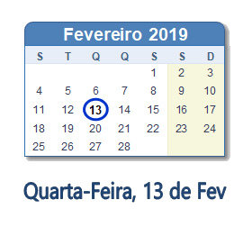 13 Fevereiro 2019 calendario