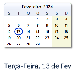 13 Fevereiro 2024 calendario