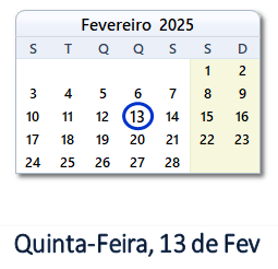 13 Fevereiro 2025 calendario