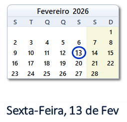 13 Fevereiro 2026 calendario
