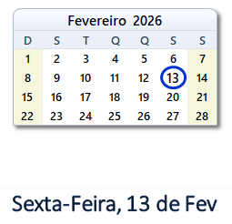 13 Fevereiro 2026 calendario