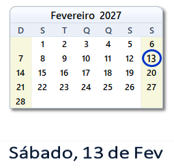 13 Fevereiro 2027 calendario