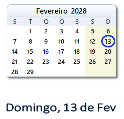 13 Fevereiro 2028 calendario